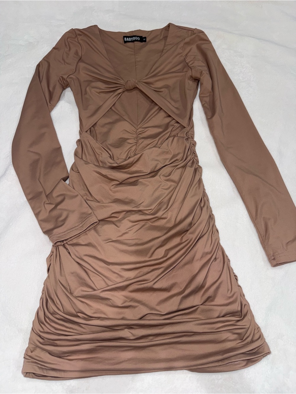 🤎 BABYBOO Brown Ruched Tie-Front Cutout Mini Dress – Size M
